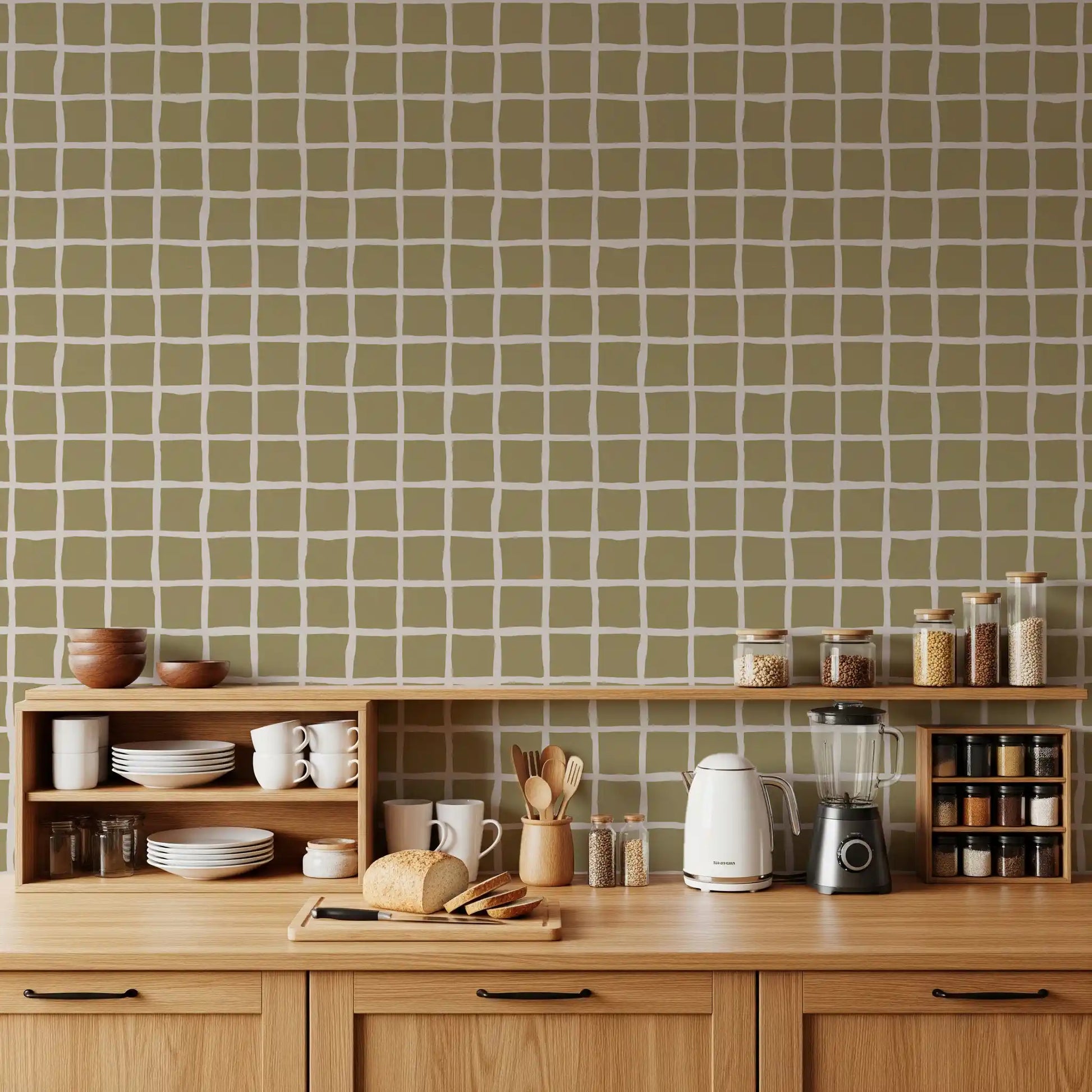 Kitchen area wallpaper with olive check layout and calm beige background