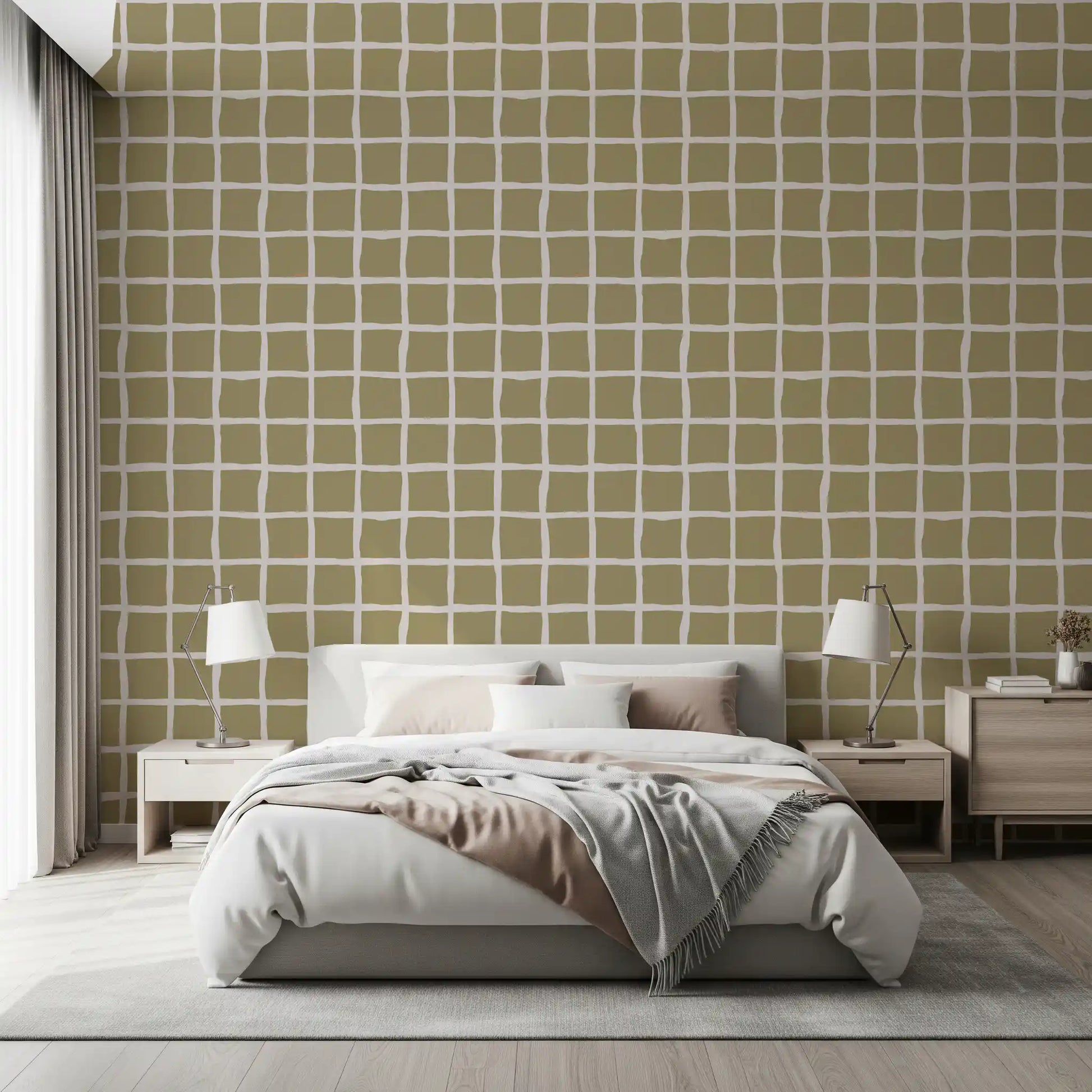 Bedroom wallpaper with olive beige grid blocks and soft coastal check lines