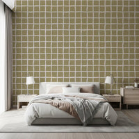 Bedroom wallpaper with olive beige grid blocks and soft coastal check lines