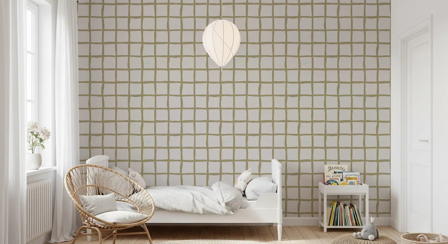 Olive geometric wallpaper with handmade check detail and airy spacing