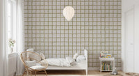 Olive geometric wallpaper with handmade check detail and airy spacing