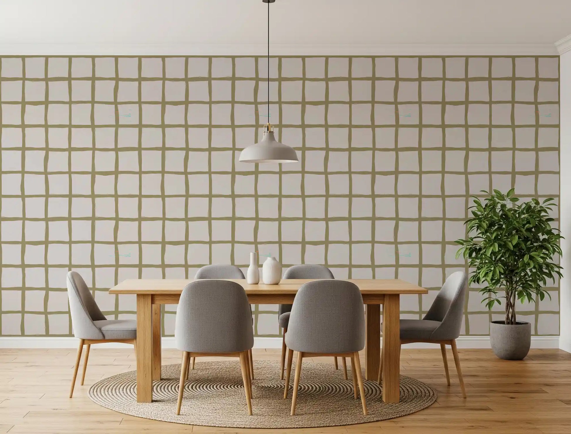 Coastal check wallpaper with olive lines and softly formed square sections