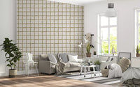 Hallway wallpaper showing green grid wallpaper and relaxed check detail