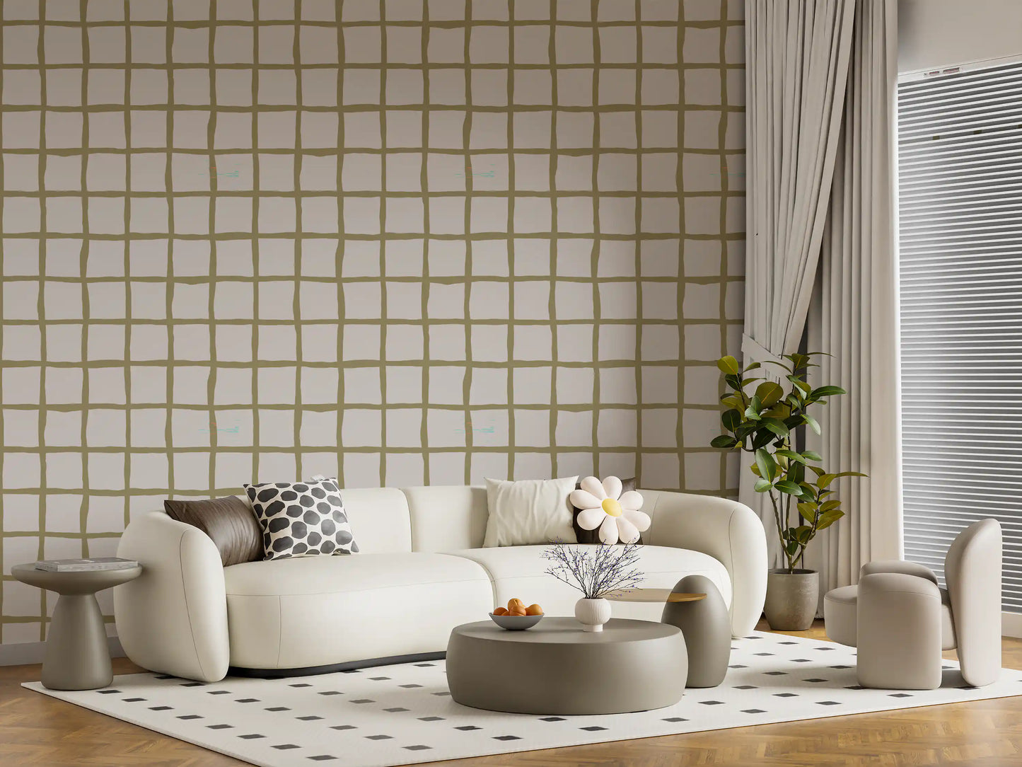 Check grid wallpaper with muted green linework and open square pattern
