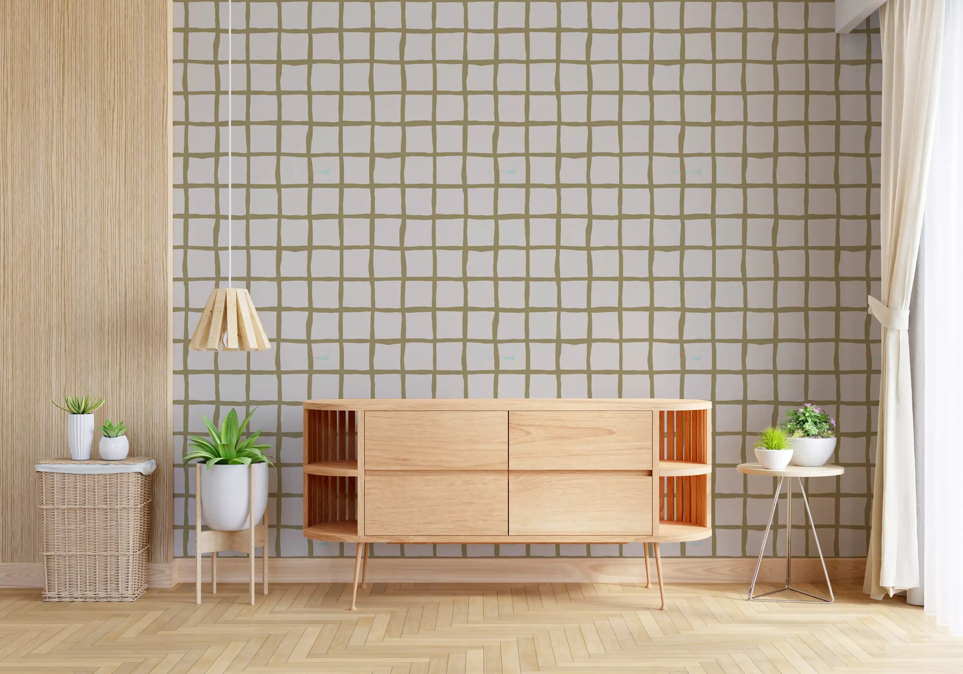 Home wallpaper with Boho Coastal Wallpaper and hand-drawn olive checks