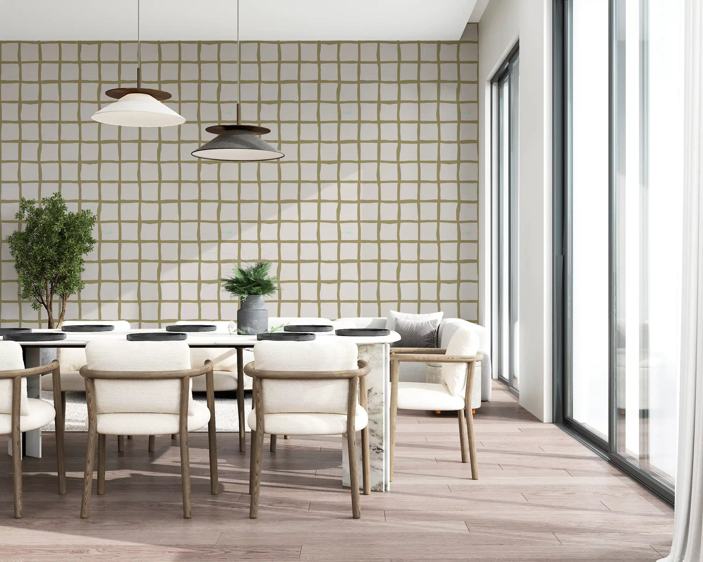 Boho Coastal Wallpaper showing soft olive checks on a warm pale background
