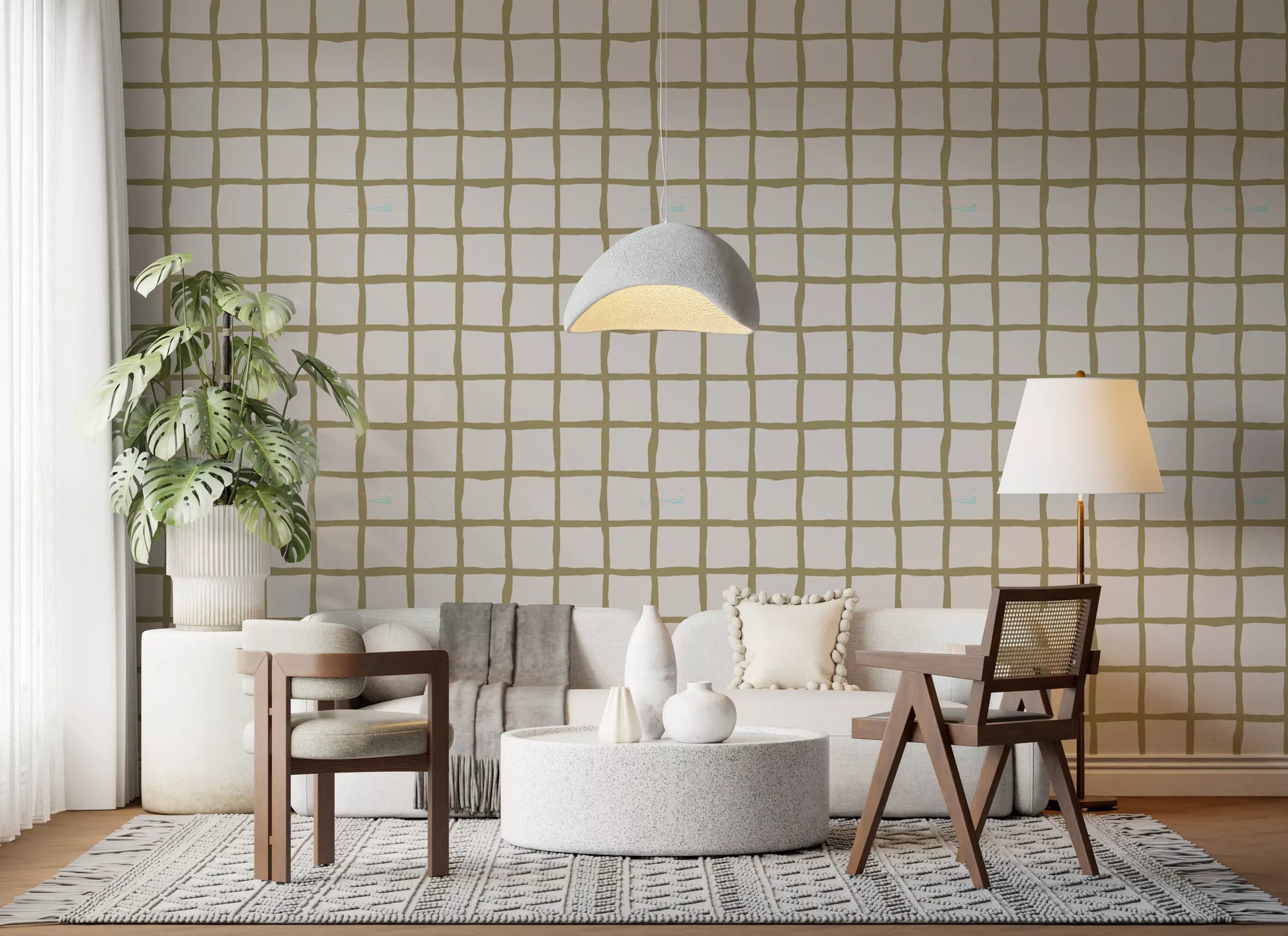 Olive Green Check Grid Wallpaper with uneven lines and light neutral blocks