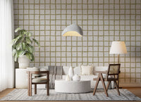 Olive Green Check Grid Wallpaper with uneven lines and light neutral blocks
