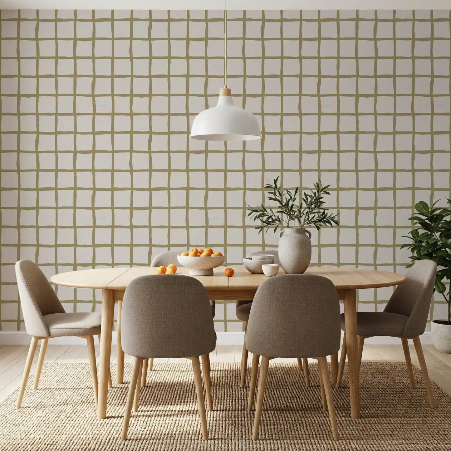Dining room wall using Olive Check Wallpaper with pale neutral square spacing