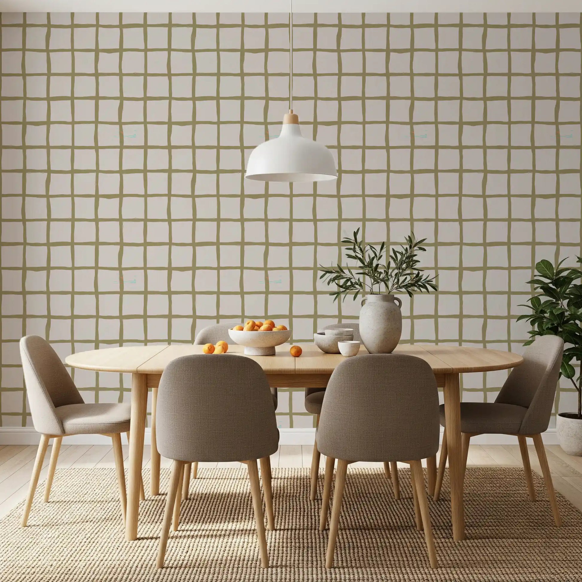 Dining room wall using Olive Check Wallpaper with pale neutral square spacing