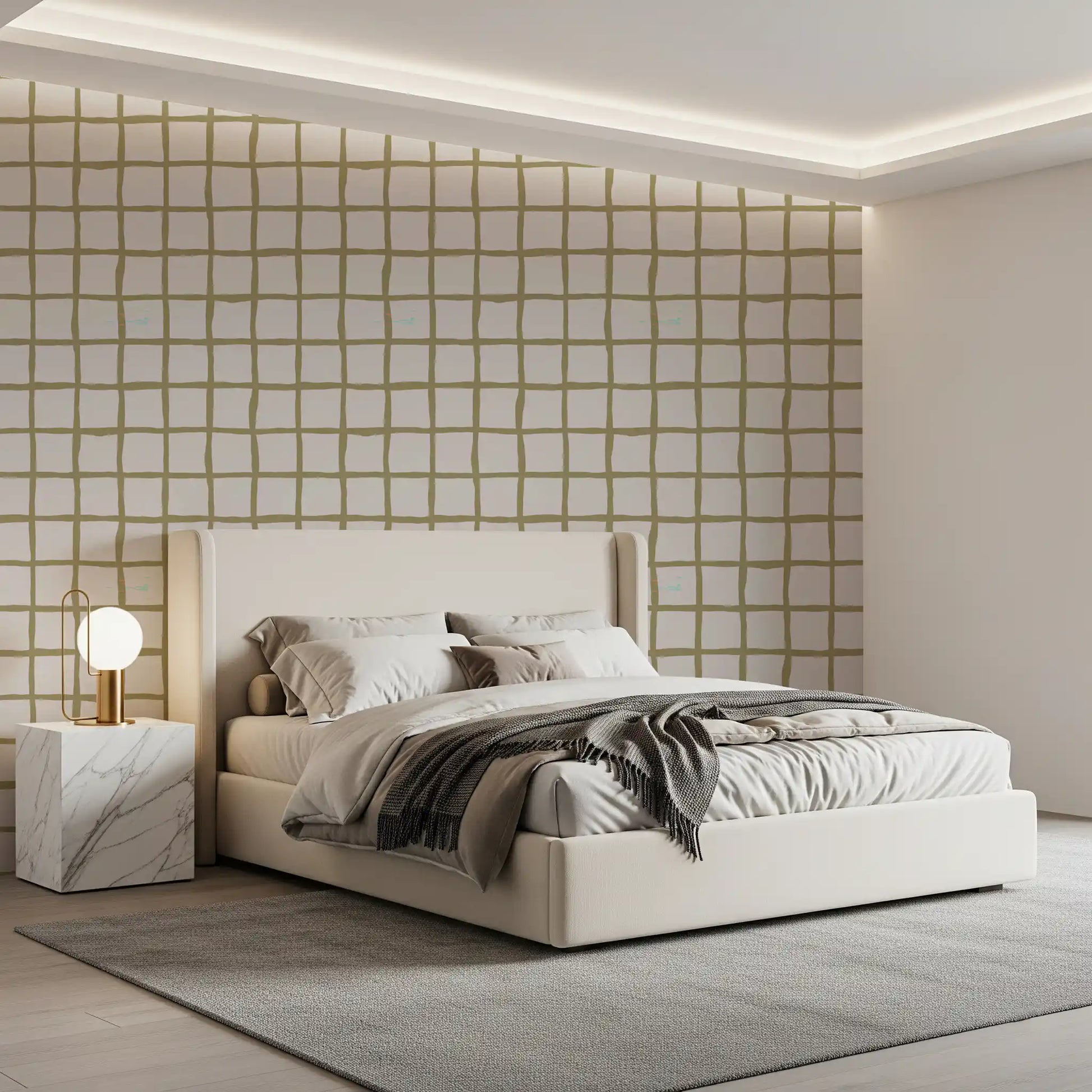 Bedroom wallpaper with Olive Green Check Grid pattern and soft olive lines