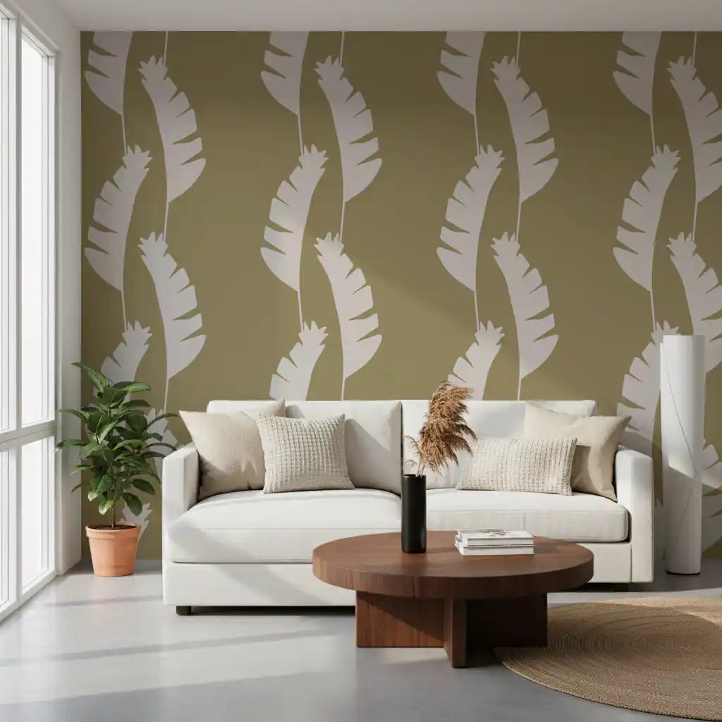Boho Coastal Wallpaper showing olive green surface and banana leaf artwork