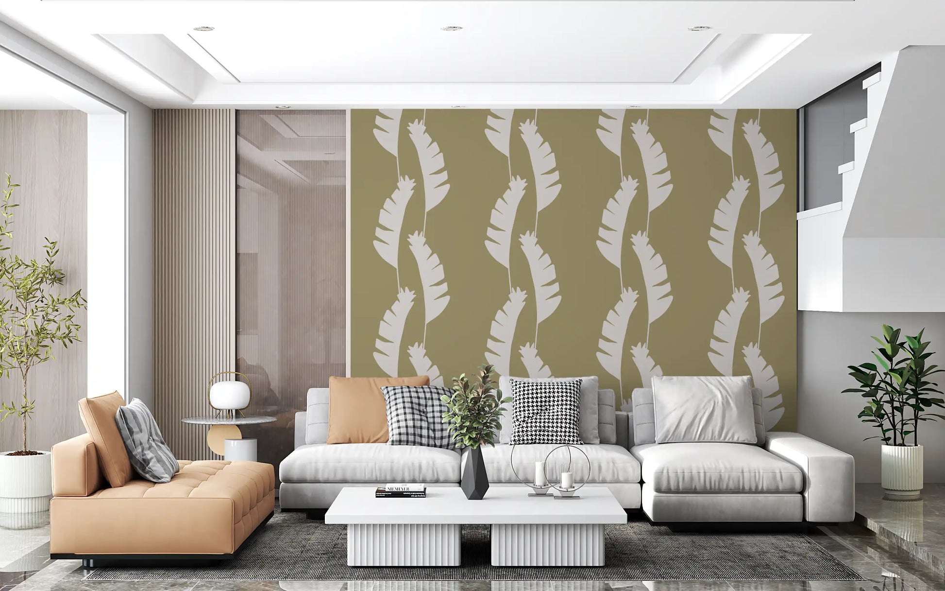 Olive Green Boho Wallpaper featuring tropical leaf shapes and coastal mood