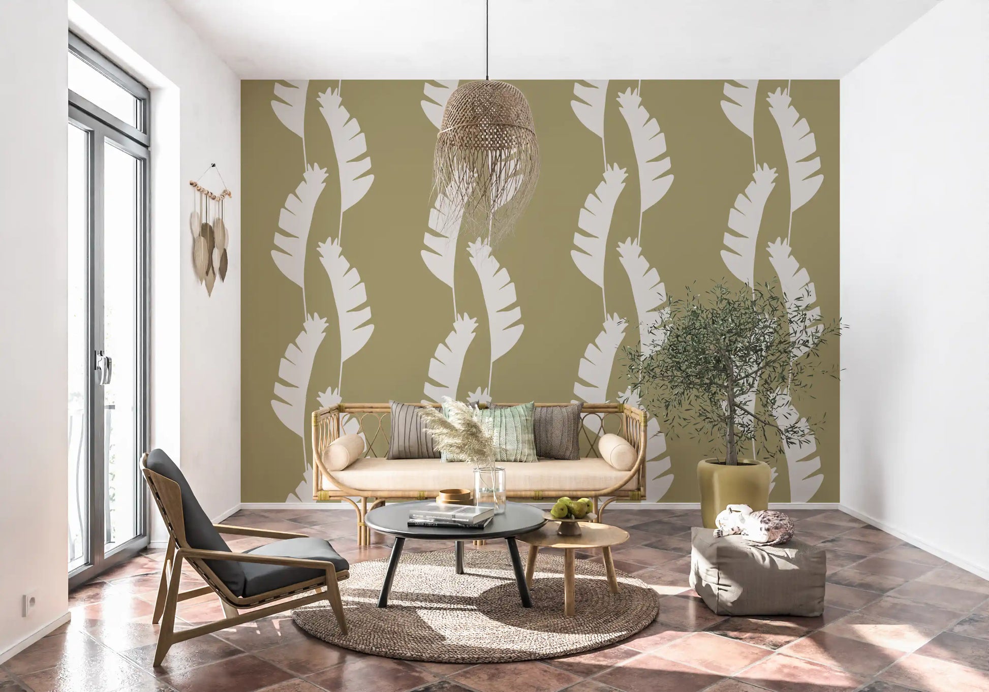 Banana Leaf Wallpaper with cream silhouettes on a muted olive background
