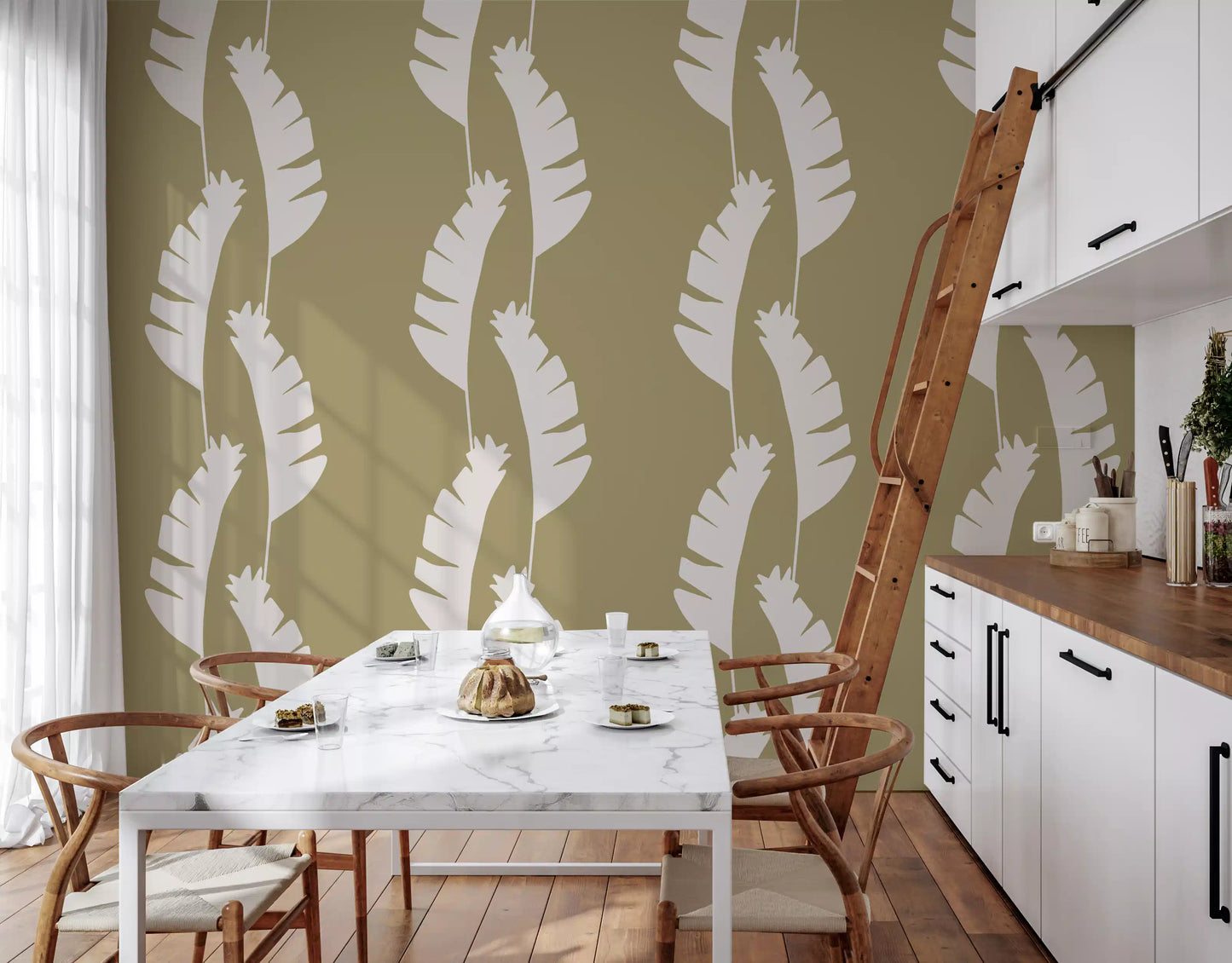 Dining room wall styled with Olive Banana Leaf Wallpaper and soft contrast