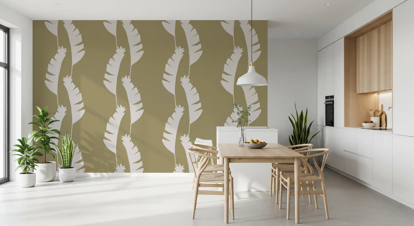 Dining room wall showing Olive Green Banana Leaf shapes in soft coastal tones