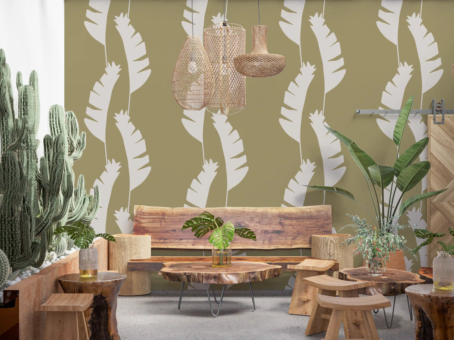 Cafe area wall featuring Banana Leaf Wallpaper with muted olive green style