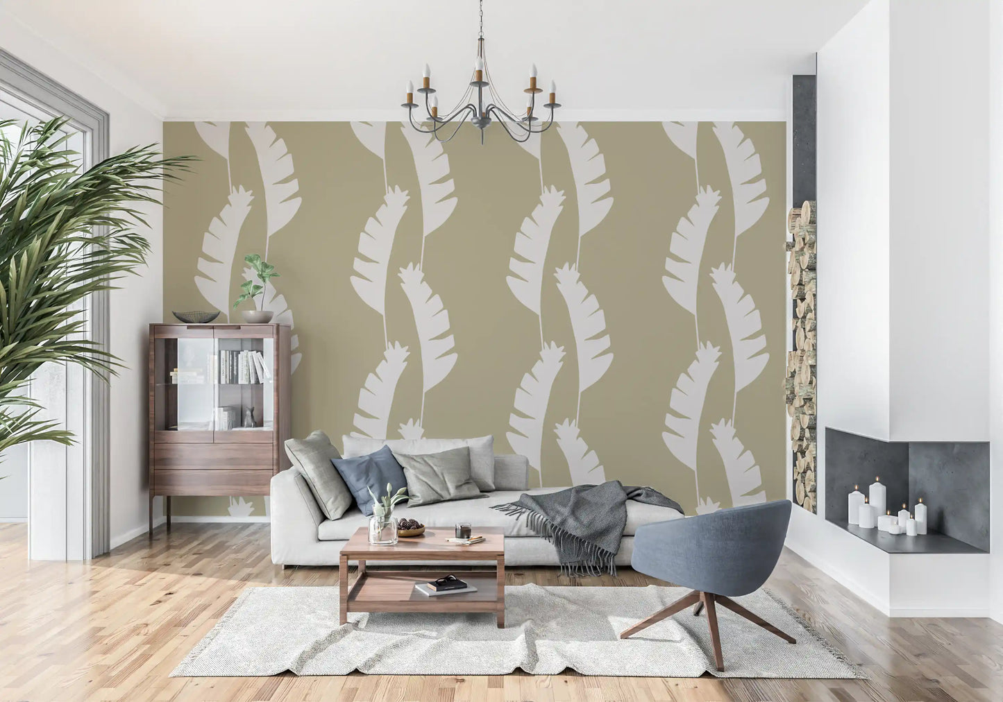 Olive Green Banana Leaf Wallpaper with oversized leaves and calm green color