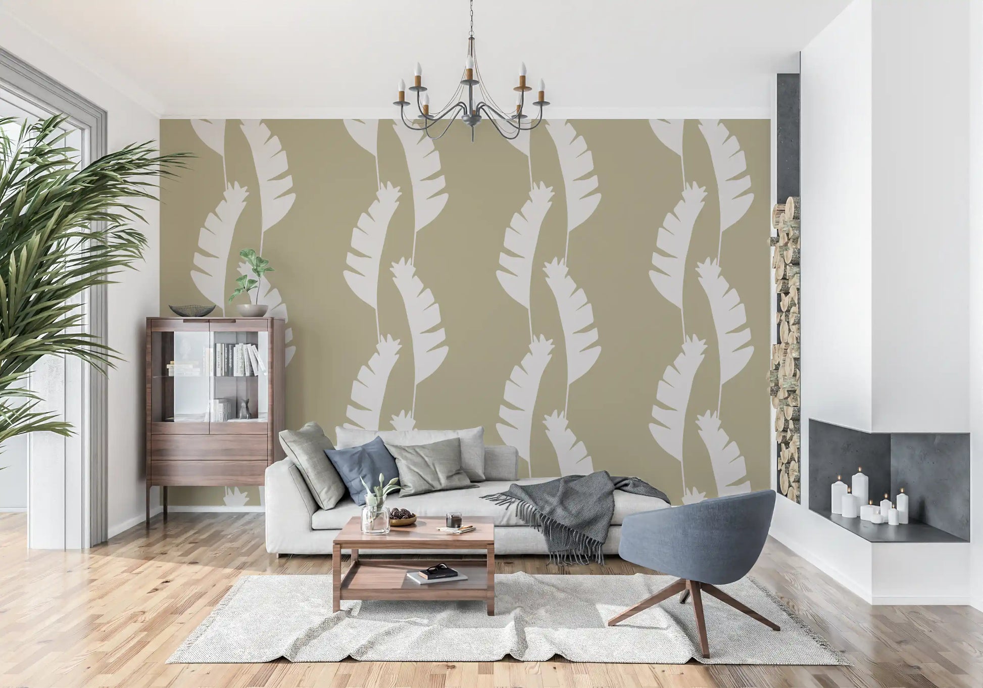 Olive Green Banana Leaf Wallpaper with oversized leaves and calm green color