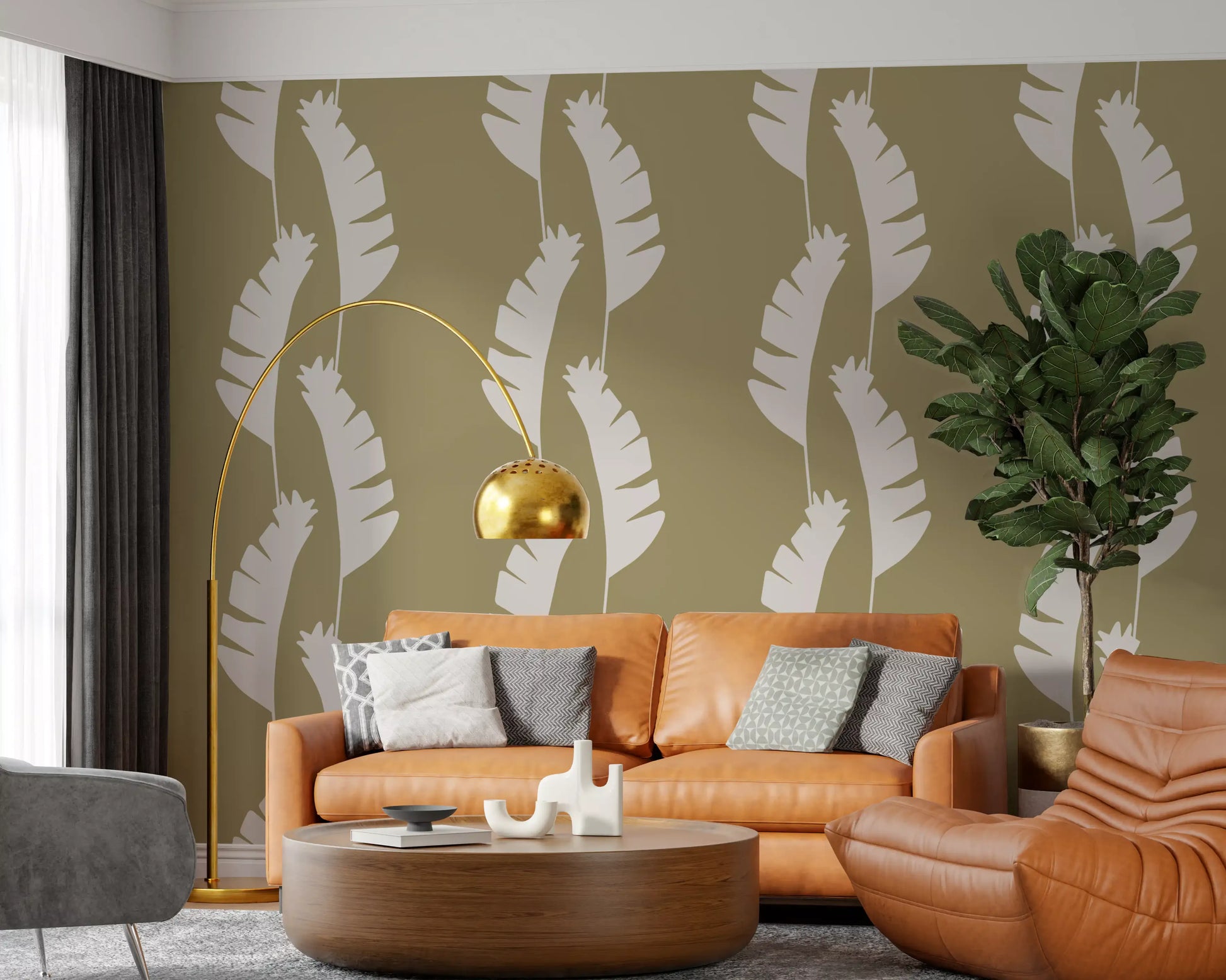 Living room wall with Olive Green Banana Leaf Wallpaper and boho coastal detail
