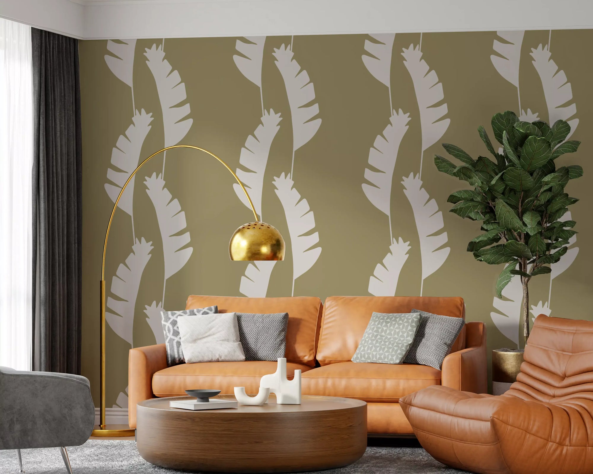 Living room wall with Olive Green Banana Leaf Wallpaper and boho coastal detail
