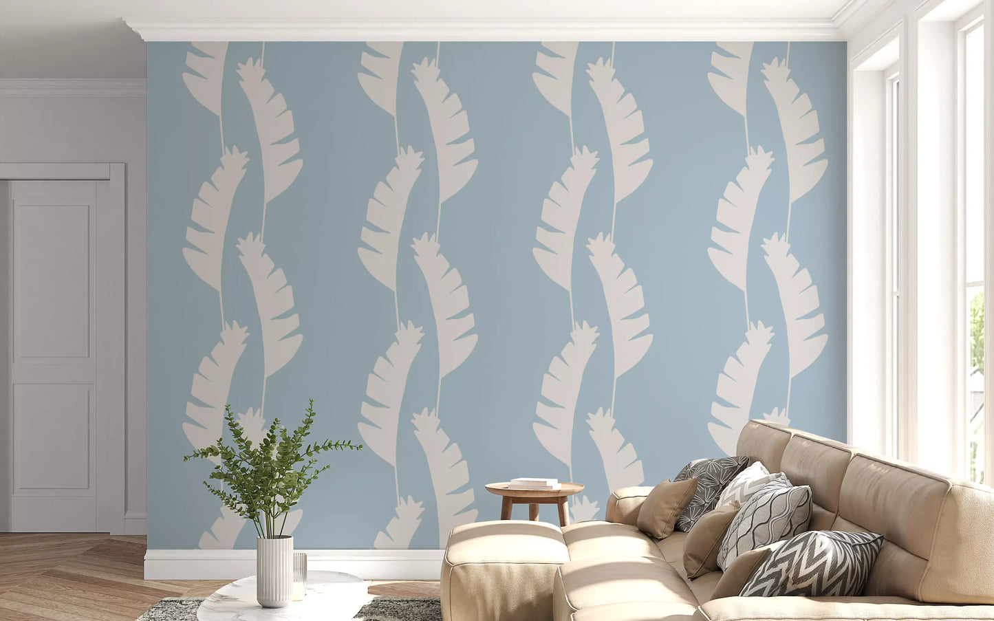 Soft Blue Banana Leaf Wallpaper with clean tropical shapes and open spacing