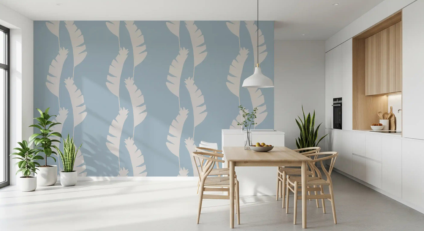 Banana leaf wallpaper with soft blue color and simple botanical movement