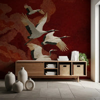 Home wall mural with Sky Crane Wall Mural in deep rust red tones