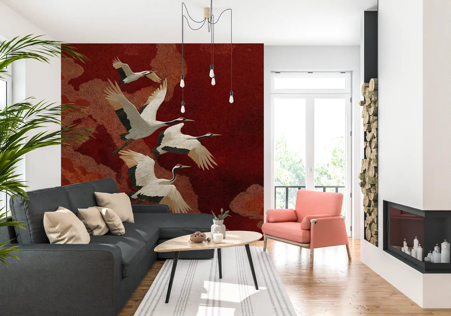 Crimson Sky Crane Dance Wall Mural with elegant birds and textured cloud forms