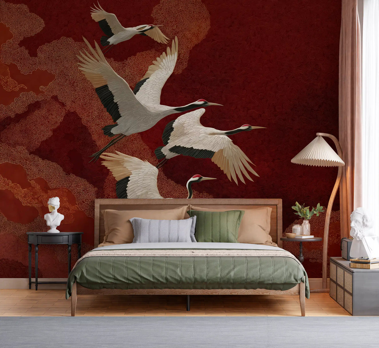Crane Dance Wall Mural showing ivory wings against a dramatic crimson sky