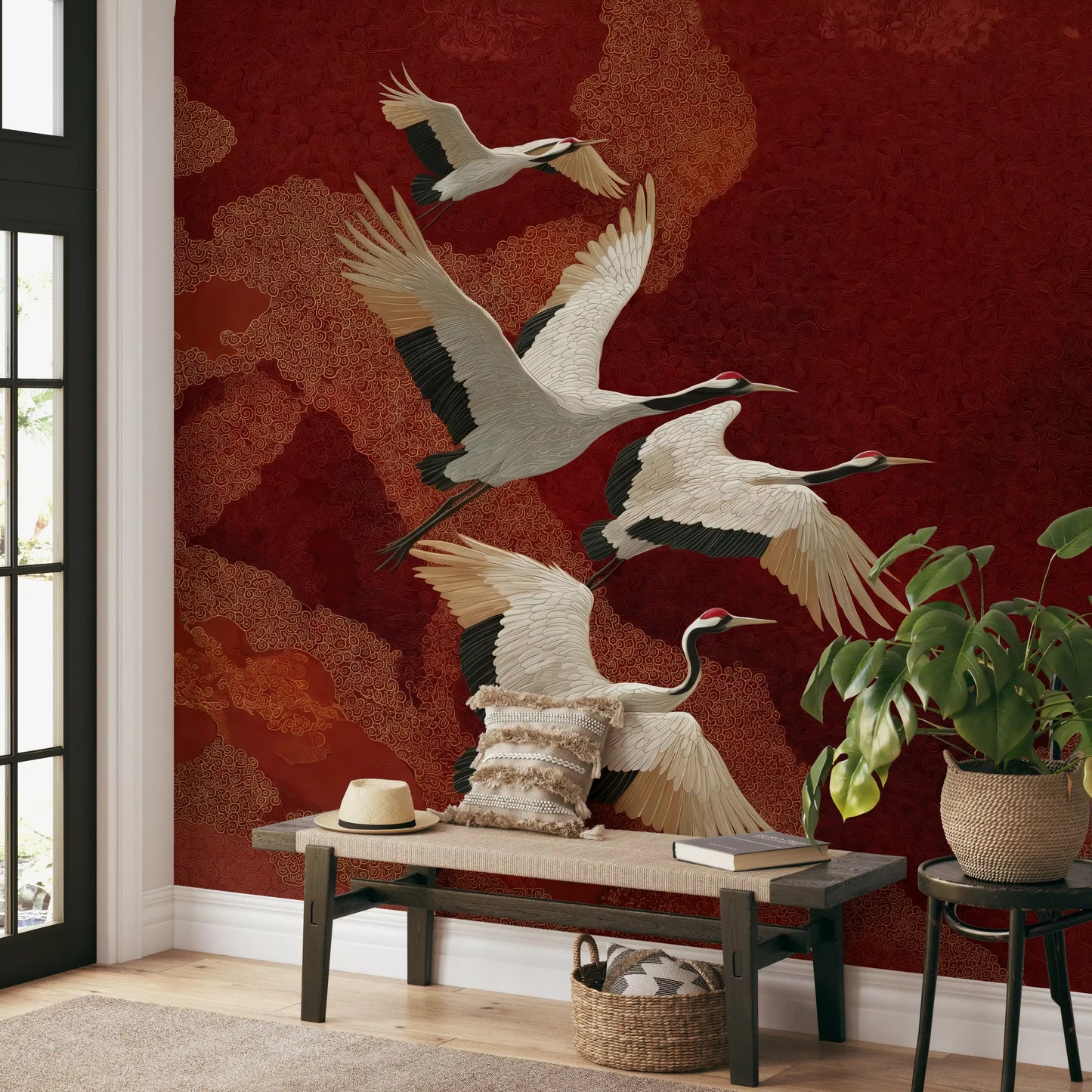 Home wall mural showing Crane Dance Wall Mural with layered crimson clouds