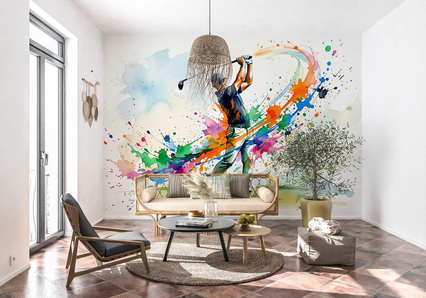 Office interior wall mural using golf player artwork and splash effects
