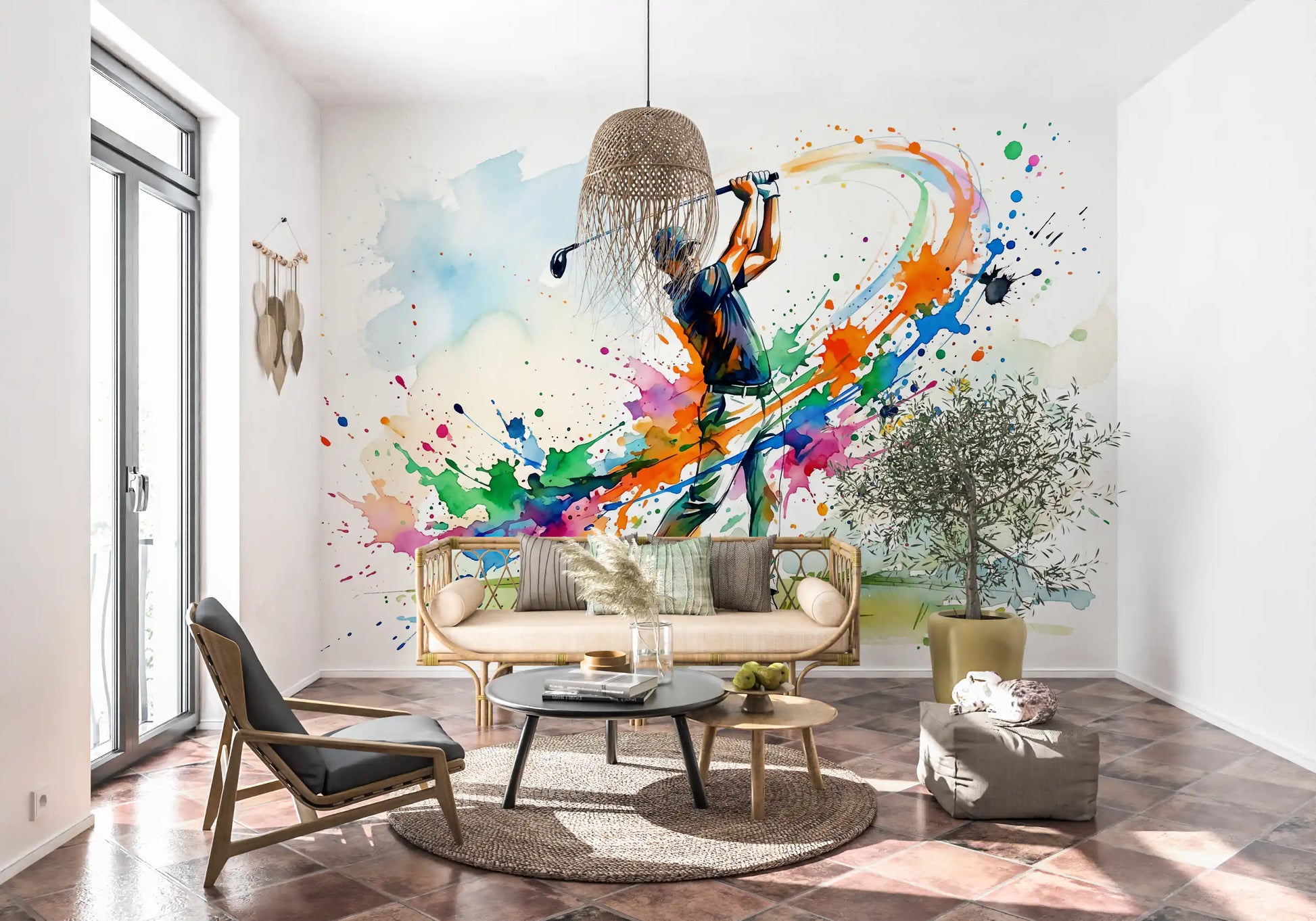 Office interior wall mural using golf player artwork and splash effects