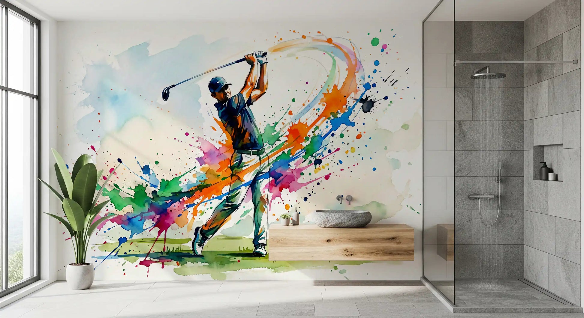 Golf action wall mural showing follow-through swing and bright colour trails
