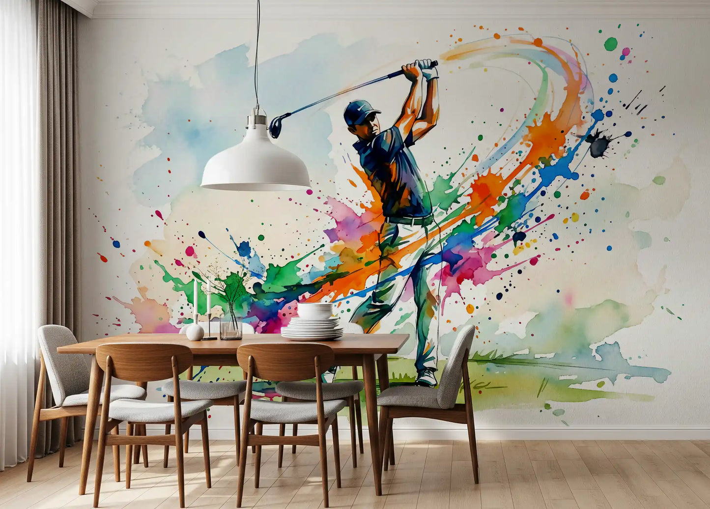 Dining room wall mural featuring Dynamic Golf action and watercolor arcs