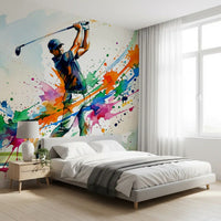 Sports wall mural featuring golfer motion and expressive paint movement