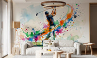 Office wall mural showing golf swing artwork with bright paint splashes