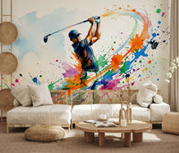 Watercolor golf mural with blue, orange, green, pink, and yellow splashes