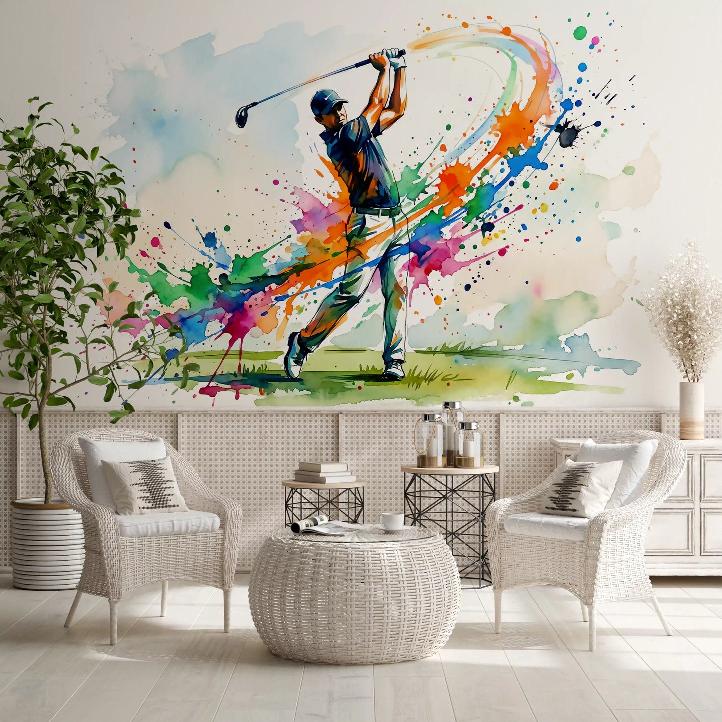 Game study area wall mural with Dynamic Golf Splash golfer and colourful motion
