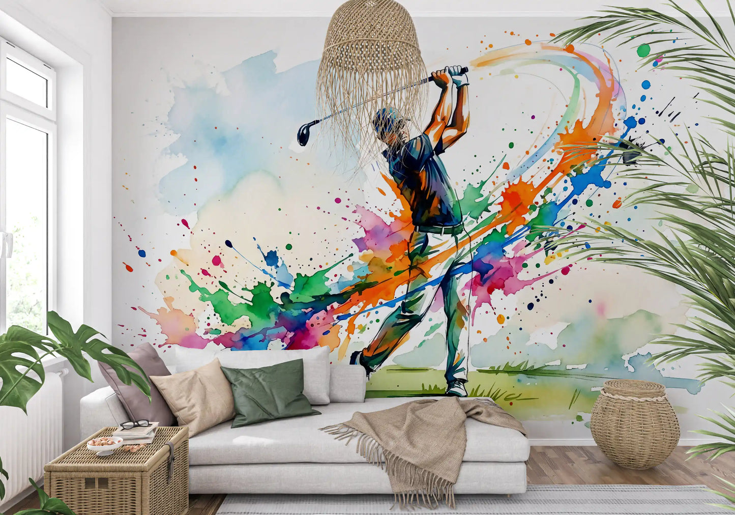 Golf corner wall mural with swing mural and vivid multicolor spray