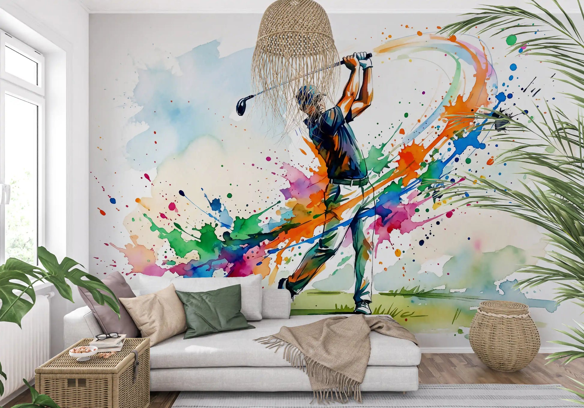 Golf corner wall mural with swing mural and vivid multicolor spray