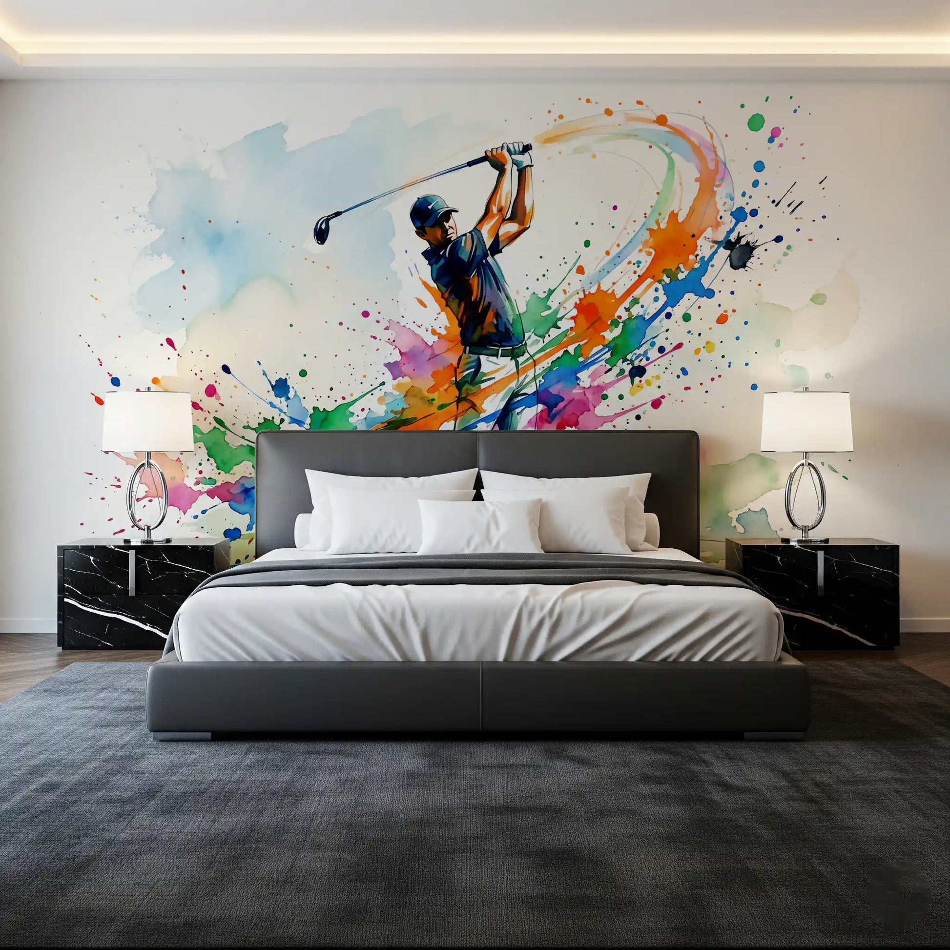 Golf swing wall mural with artistic splash pattern and clean light backdrop