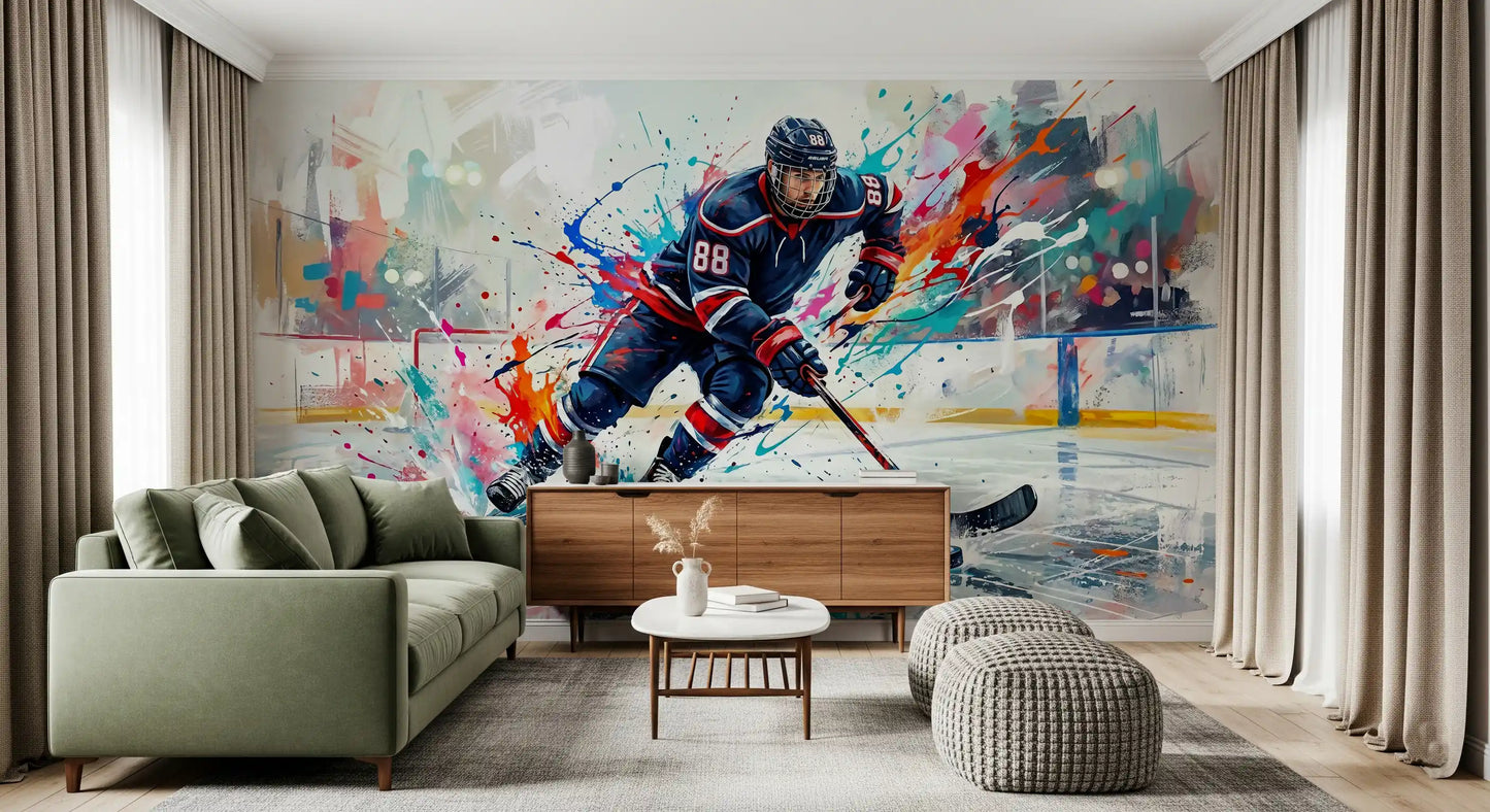 Action wall mural with hockey player artwork and expressive color bursts