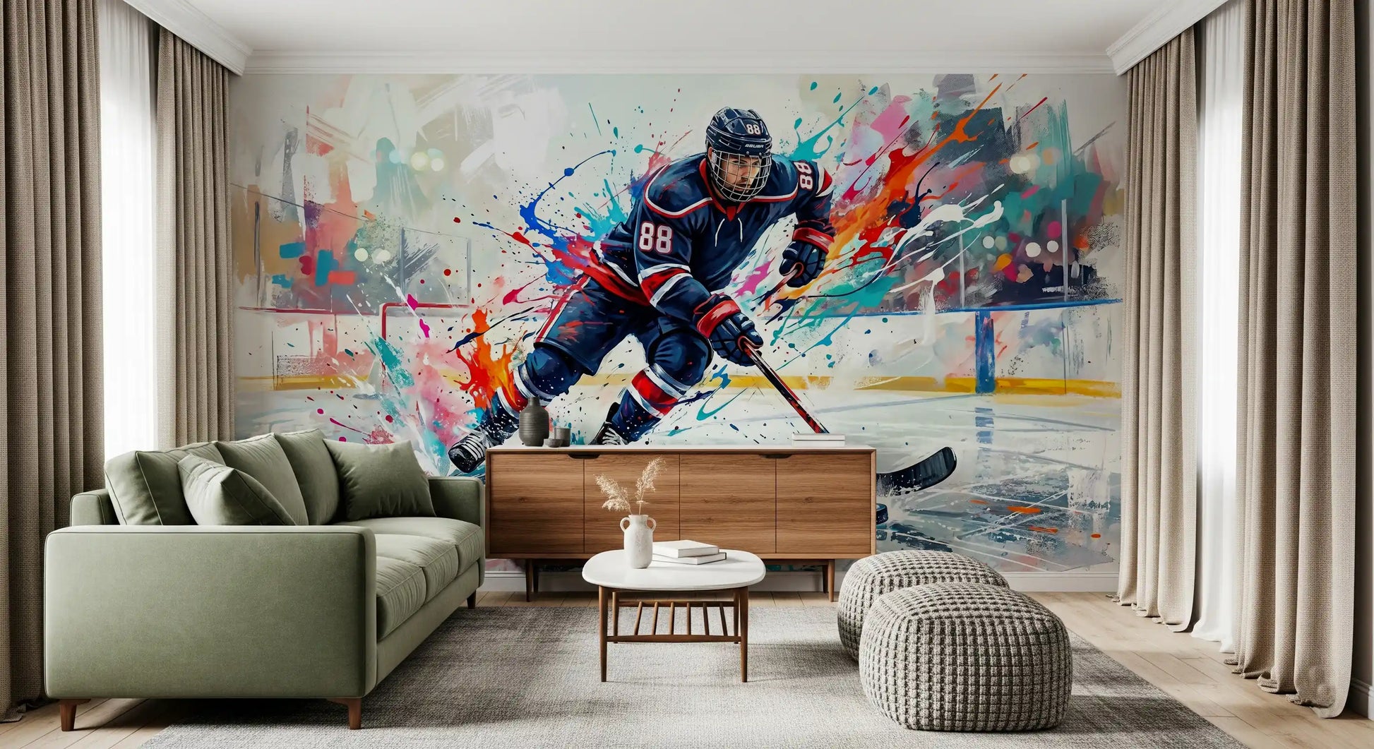 Action wall mural with hockey player artwork and expressive color bursts