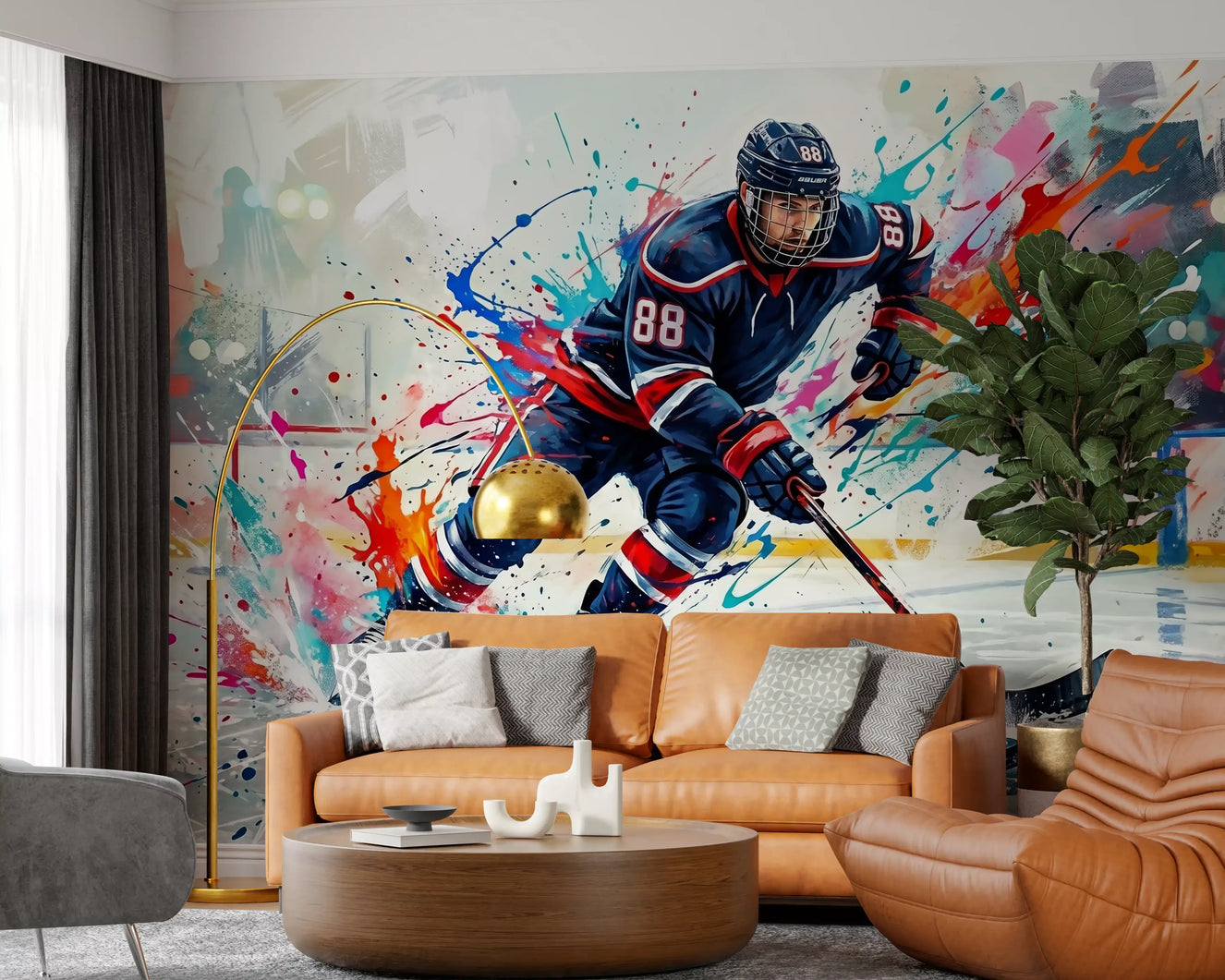 Brushstroke Blitz wall mural with ice hockey player and vivid color spray