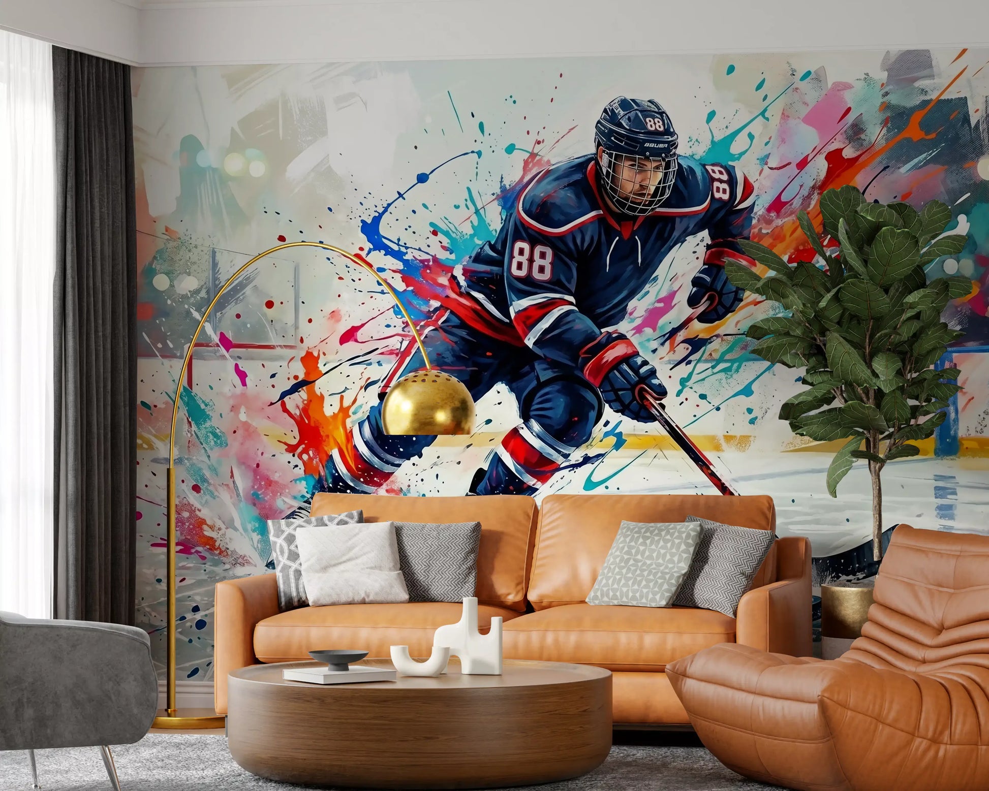 Brushstroke Blitz wall mural with ice hockey player and vivid color spray