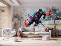 Living room wall mural with Blitz hockey artwork and colorful splashes