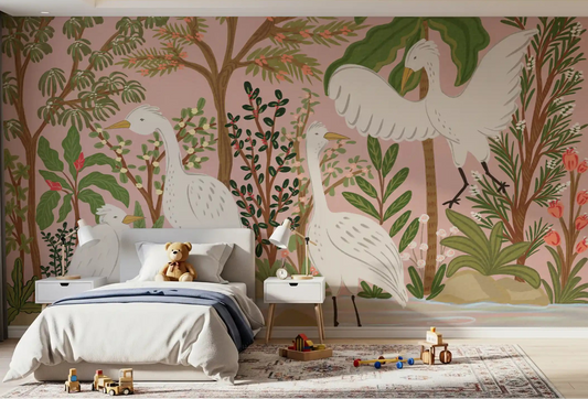 Bedroom wall mural with Graceful Egrets and a soft botanical river scene
