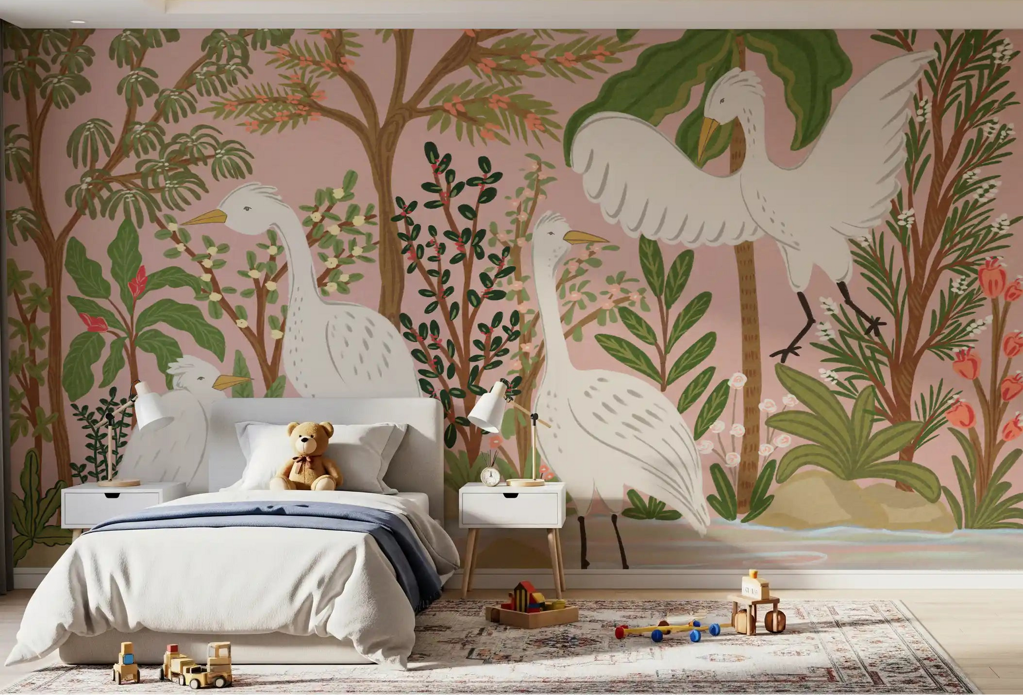 Bedroom wall mural with Graceful Egrets and a soft botanical river scene