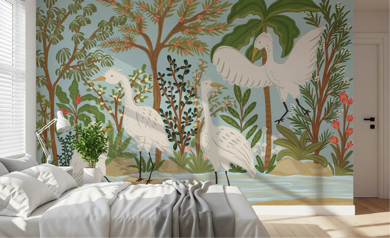 Bedroom wall mural with River Egrets and serene jungle river scene